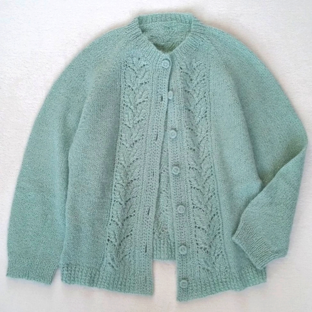 Rare Vintage Art Deco Mint Green Long Sleeve Button Down Cardigan Knit Sweater S